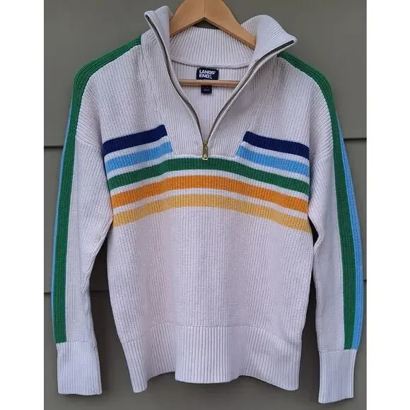 Land's End Women's Drifter 1/4 Zip 100% Cotton Striped Sweater Cream Rainbow S - Picture 2 of 10